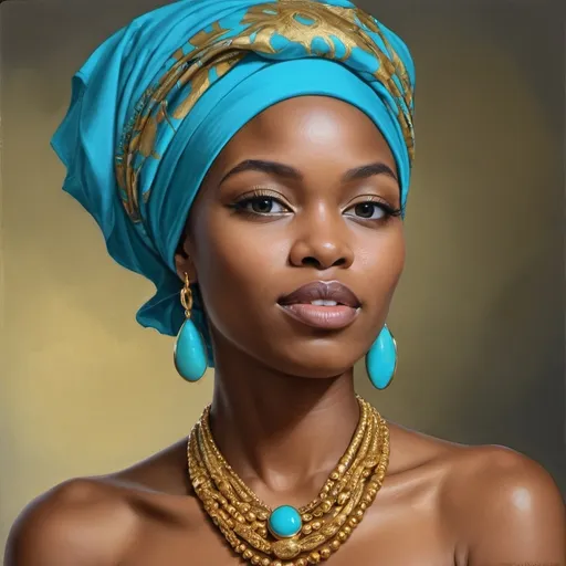 Prompt: <mymodel> a painting of a woman wearing a blue head scarf and a turquoise necklace with a gold headband on her head, Chinwe Chukwuogo-Roy, computer art, highly detailed digital painting, a photorealistic painting