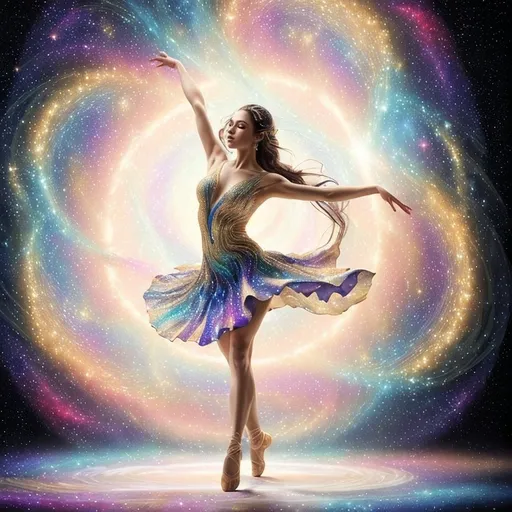 Prompt: a stunning depiction of a dancer whose flowing movements create beautiful, swirling galaxies. The dancer's form and dress are painted with stars and cosmic dust, illustrating the harmony between human expression and the universe. Light background 