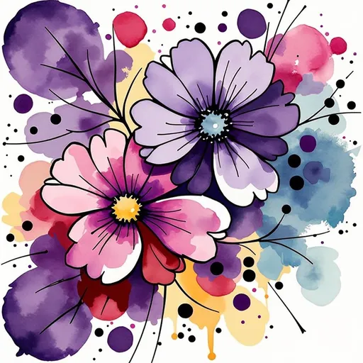 Prompt: This is a digital watercolor painting featuring an abstract floral design. At the center of the composition is a small, yellow circular shape surrounded by a ring of dark purple and black spots. Radiating outward from the center are broad, petal-like shapes in various shades of purple, pink, and red. The petals are irregular and splattered, creating a dynamic and energetic effect. The watercolor technique is evident in the soft, blended edges and the varying intensities of color. Splatters and droplets of color extend beyond the main petal shapes, adding to the sense of movement and spontaneity. The background is plain white, which makes the vibrant colors of the petals stand out prominently. The overall texture is smooth with visible brushstrokes and watercolor bleed, giving it a fluid and organic feel. The composition is symmetrical but not perfectly so, adding to its abstract nature. The style is modern and expressive, with a focus on color and form rather than realistic representation. The image evokes a sense of beauty and spontaneity, reminiscent of natural floral patterns but rendered in a highly abstract and artistic manner.