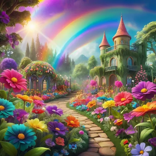 Prompt: Fantasy illustration of a vibrant rainbow-inspired flower garden, whimsical and magical, high-quality, fantasy style, rainbow colors, lush greenery, vibrant blooms, dreamy atmosphere, detailed petals, enchanting lighting, surreal, ethereal, mystical, vivid tones, fantasy setting, fantasy flora, best quality, highres, ultra-detailed, whimsical, magical, vibrant colors, dreamy, enchanted garden