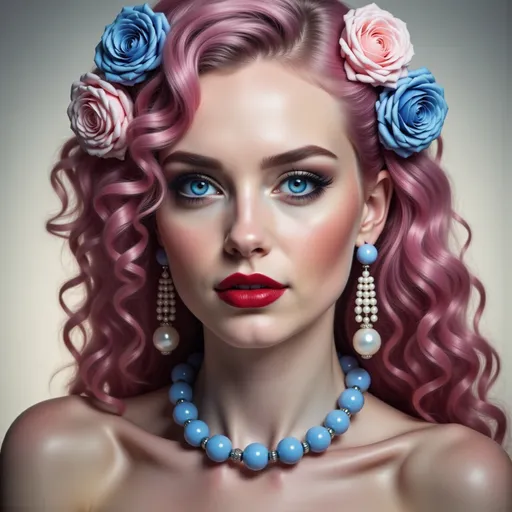 Prompt: a woman with pink hair and blue eyes wearing a necklace and earrings with roses on her head and a necklace with pearls, Edwin Georgi, photorealism, highly detailed digital painting, a photorealistic painting