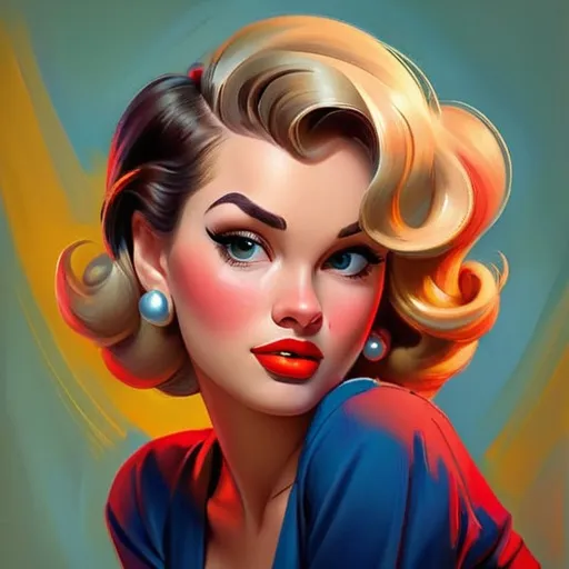 Prompt: Pin-up portrait, classic oil painting, vibrant and retro colors, vintage hairstyle, red lipstick, detailed facial features, traditional art technique, high quality, classic, vibrant colors, traditional style, detailed brushwork, professional lighting