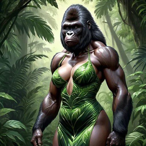 Prompt: Highly detailed digital painting of a female human/gorilla hybrid dressed in an evening gown, realistic fur texture, intense and piercing gaze, muscular and powerful physique, jungle setting with lush green foliage, highres, ultra-detailed, digital painting, realistic, intense gaze, muscular physique, jungle setting, lush foliage, hybrid creature, professional, atmospheric lighting
