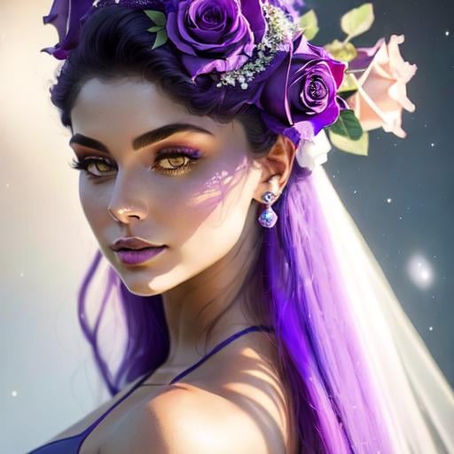 Prompt: Cosmic Epic Beauty, Beautiful and Gorgeous, purple roses in hair