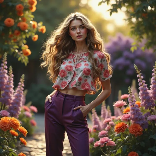 Prompt: Surrounded by a vibrant tapestry of blooming flowers, a striking woman stands confidently at the center of the scene, radiating elegance and allure. Her deep purple, high-waisted trousers pair beautifully with a vivid, floral-patterned top that highlights her graceful figure, while her long, flowing hair cascades down her back, catching the warm, golden glow of the late afternoon sun. The lush garden, framed by colorful blossoms in shades of pink, orange, and purple, creates a dreamy backdrop, enhancing the overall enchanting atmosphere. Soft light filters through the petals, casting a gentle glow on her flawless features, adding to the ethereal quality of the moment. The image conveys a sense of beauty and tranquility, inviting viewers to immerse themselves in this serene floral paradise.