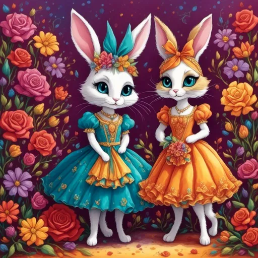 Prompt: <mymodel>Funny illustration of a anthropomorphic rabbit and cat in beautiful dresses , Tim Burton style eyes, bright and colorful, whimsical bright colorful background, comical expressions, high quality, detailed fur, playful, cartoonish, vibrant colors, imaginative lighting