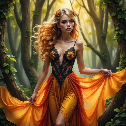 Prompt: A stunning woman in a mystical forest, flowing gown of vibrant orange, dramatically lighting her surroundings, surrounded by lush greenery and towering trees, warm golden hues blending with deep greens, enchanting ambiance, ethereal glow illuminating her confident expression, high detail, 4K quality, captivating and dynamic scene.