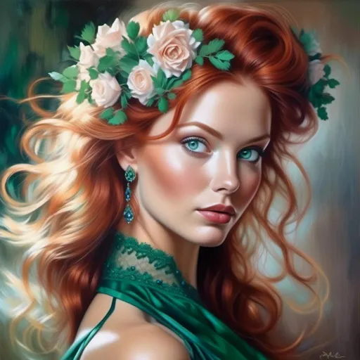 Prompt: High-resolution oil painting of a stunning woman, flowing red hair, captivating green eyes, elegant evening gown, intricate lace details, graceful posture, soft and ethereal lighting, vibrant and rich color tones, classic and timeless, detailed portrait, oil painting, elegant, captivating gaze, flowing hair, intricate details, high quality, rich colors, soft lighting<mymodel>