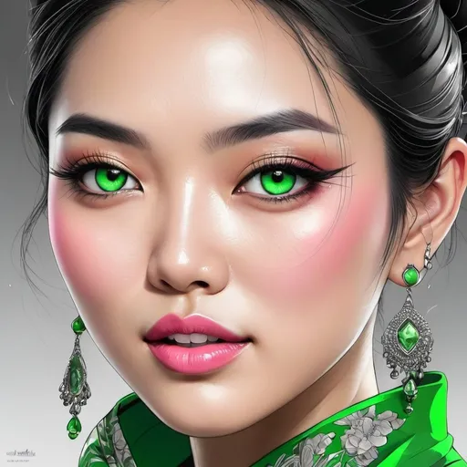 Prompt: <mymodel>Detailed illustration of a asian woman in vibrant green attire, large vivid green eyes, elegant makeup, digital painting, high resolution, realistic style, vibrant green, professional lighting