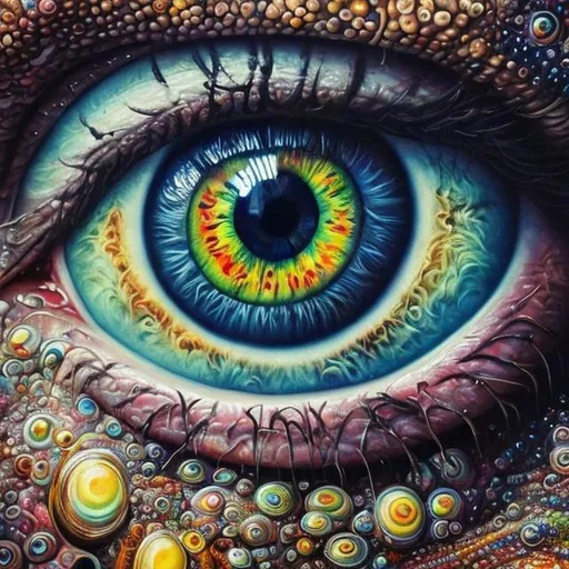 Prompt: Surreal painting of eyes, oil painting, vibrant and dreamy, hyper-realistic, intricate details, colorful and vibrant, high quality, surrealism, oil painting, vibrant colors, hyper-realism, intricate details, dreamy lighting