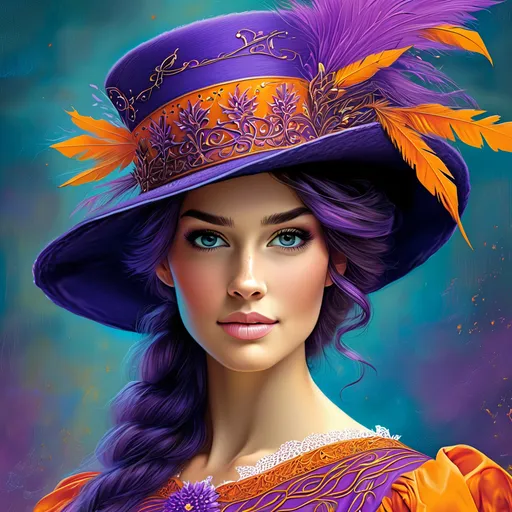 Prompt: a woman wearing a purple hat with orange feathers on it's head and a purple dress with orange trim, Anne Stokes, fantasy art, highly detailed digital painting, a detailed painting