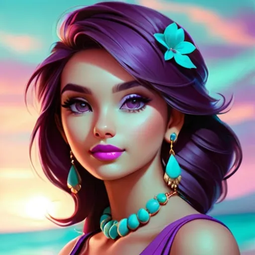 Prompt: a girl portayed in tones of purple. Wearing turquoise jewelry