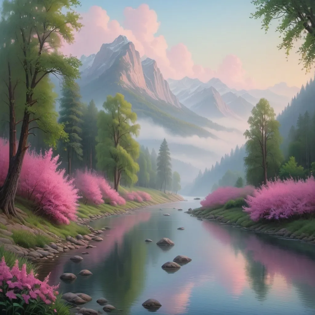 Prompt: a painting of a river with trees and mountains in the background and fog in the air above it, and a few pink flowers in the foreground, Evgeny Lushpin, naturalism, beautiful landscape, a matte painting