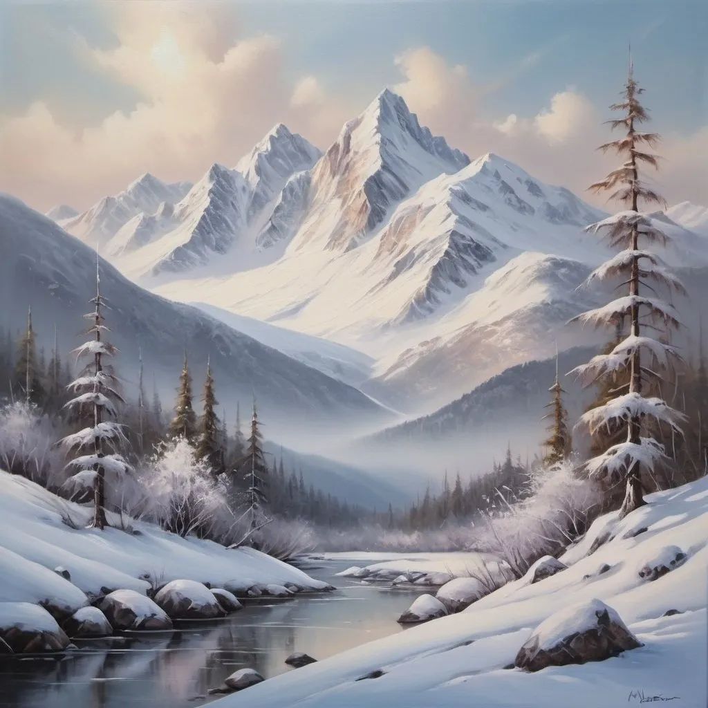 Prompt: Snowy mountain landscape, oil painting, snow-capped peaks, serene winter scene, high quality, realistic, cool tones, soft lighting, peaceful atmosphere