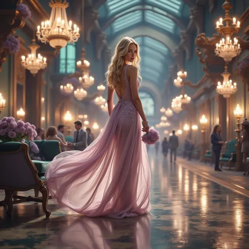 Prompt: In an opulent room adorned with rich emerald walls, a stunning woman sits gracefully on an elegant lavender sofa, her presence accentuated by a magnificent flowing green gown detailed with intricate lavender embroidery. The gown cascades around her, creating a dramatic silhouette while she delicately holds a bouquet of soft purple flowers, which complements both her attire and the decor. Luxurious chandeliers cast a warm glow across the space, highlighting her flawless features and the sumptuous textures of the environment. Nearby, tall windows offer a glimpse of natural light, adding to the serene, upscale ambiance that exudes sophistication and elegance. The overall scene evokes a sense of regal beauty and timeless charm, inviting admiration in its lavishness.