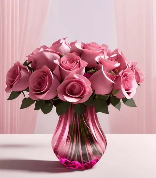 Prompt: This is a high-quality photograph of a vibrant bouquet of pink roses in a clear red glass vase. The bouquet consists of approximately twenty roses, each with tightly coiled petals and a soft, velvety texture. The roses are a rich, saturated pink, with subtle variations in shade that add depth and realism to the flowers. The green leaves are elongated and smooth, providing a contrasting backdrop to the pink petals. The vase is semi-transparent, allowing the stems to be visible through the red glass. The background is a solid, soft pink color that complements the roses and creates a harmonious, visually appealing setting. The lighting is even and gentle, highlighting the natural beauty and detail of the roses without casting harsh shadows. The overall composition is centered, with the vase and bouquet occupying the middle of the frame, creating a balanced and elegant image. The photograph has a clean, minimalist style, focusing on the beauty and simplicity of the floral arrangement.