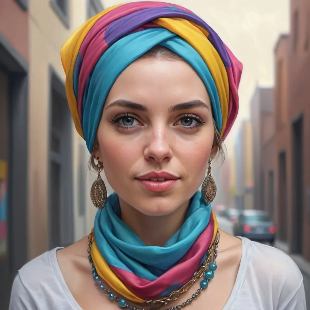 Prompt: a woman with a colorful head scarf and a necklace on her neck and a necklace on her neck, wearing a colorful scarf, Artgerm, photorealism, highly detailed digital painting, a photorealistic painting