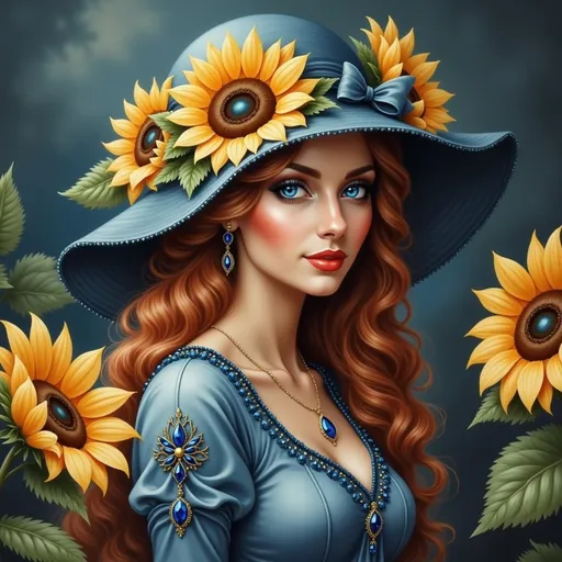 Prompt: a painting of a woman with a blue hat and sunflowers on her head and a blue hat , Anna Dittmann, fantasy art, highly detailed digital painting, a detailed painting