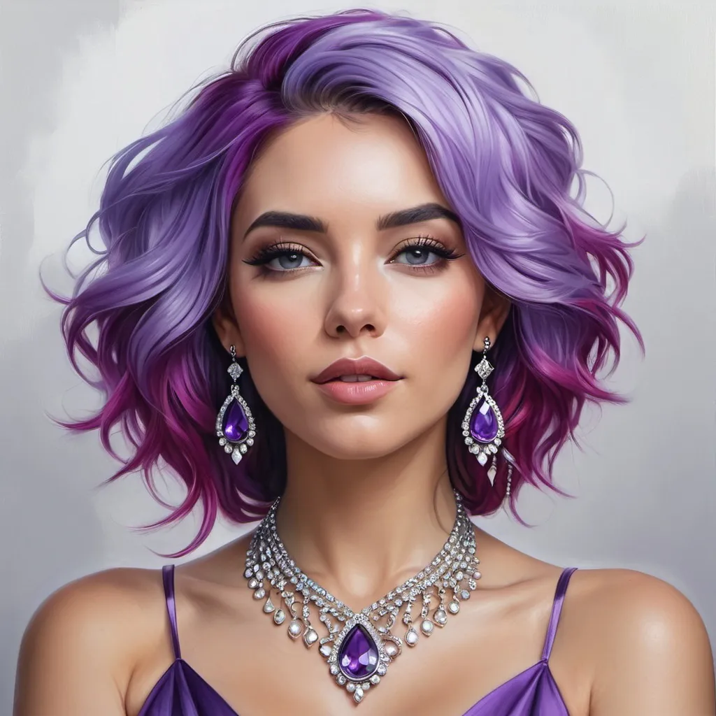 Prompt: a digital painting of a woman with purple hair and jewelry on her neck and chest, wearing a necklace and earrings, Artgerm, photorealism, highly detailed digital painting, a photorealistic painting