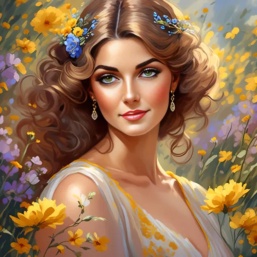 Prompt: <mymodel>High-resolution digital painting of a graceful woman, vibrant yellow flower field, realistic and detailed floral elements, soft and warm sunlight, flowing elegant dress, detailed facial features with a gentle expression, professional digital painting, realistic, detailed flowers, graceful posture, warm and soft lighting, best quality, highres, ultra-detailed, digital painting, realistic, warm tones, elegant