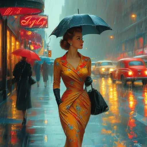 Prompt: an elegant woman of the 50's in a colorful dress is walking down the street in the rain on a rainy day in a city, Artgerm, kitsch movement, highly detailed digital painting, a photorealistic painting