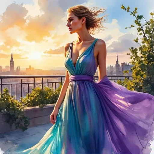 Prompt: Visualize a striking fashion editorial scene bathed in bright, vibrant colors, radiating an electrifying energy. A stunning woman stands center stage, her flowing dress a mesmerizing blend of aqua blue and rich purple, catching the light in a cascade of shimmering hues. The setting is an urban backdrop — perhaps a chic rooftop at sunset, where the golden hour casts a warm glow, contrasting beautifully with her bold outfit. The wind playfully tousles her hair, while her expression exudes confidence and grace. Lush greenery spills over the sides of the rooftop, and hints of city life buzz in the distance, creating an atmosphere of both tranquility and excitement. **Ads-fashion editorial style, vibrant color scheme.**