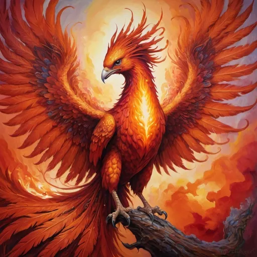 Prompt: Vibrant oil painting of a fiery phoenix, vivid red and orange hues, mystical fantasy setting, intricate feather details with warm highlights, piercing fiery gaze, mythical creature, high-quality, detailed brushwork, fantasy, dramatic lighting, intense red tones