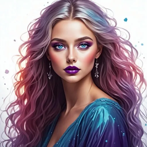 Prompt: <mymodel>Beautiful ethereal woman, long blonde hair,and icy blue eyes color, purple lipstick, facial closeup