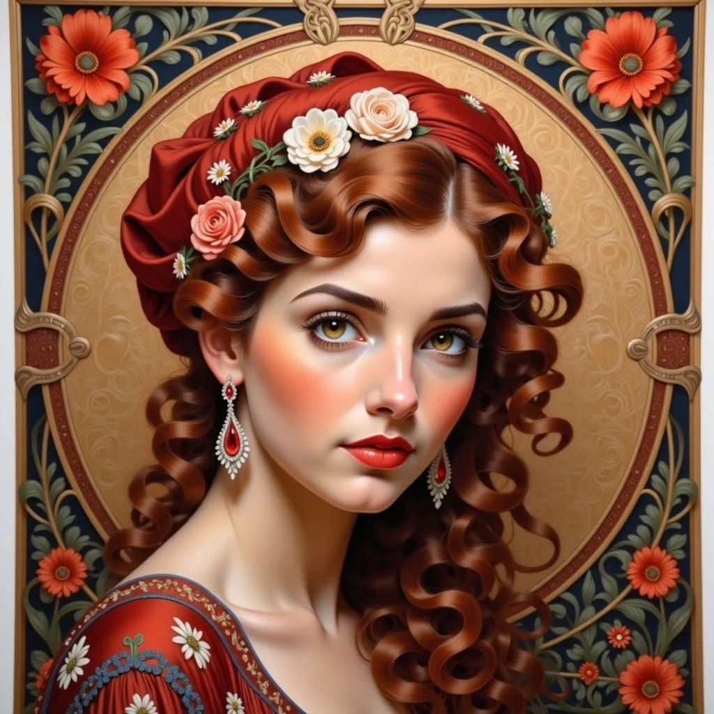 Prompt: a painting of a woman with red hair and a red head scarf with flowers on it, in a circle, Elina Karimova, qajar art, art nouveau fashion embroidered, a silk screen