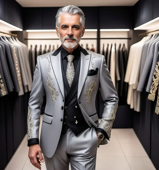 Prompt: A man with grey hair wearing a nice men's suit for music performance with embroidery and handwork of rhinestones on shoulders and arms in a luxurious showroom very classy and chic for music performance singer elegant and fancy full body