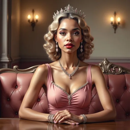 Prompt: stylish lady from the 50's, vintage clothing, elegant pose, classic hairstyle, bold red lips, glamorous atmosphere, pastel color palette, soft warm lighting, retro accessories, high fashion vibe, ultra-detailed, cinematic depth, reminiscent of classic Hollywood, capturing the essence of the era, chic environment with subtle decor.