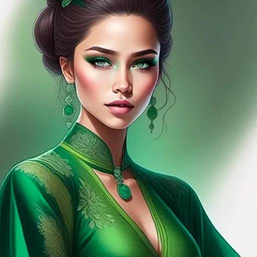 Prompt: <mymodel>Detailed illustration of a asian woman in vibrant green attire, large vivid green eyes, elegant makeup, digital painting, high resolution, realistic style, vibrant green, professional lighting