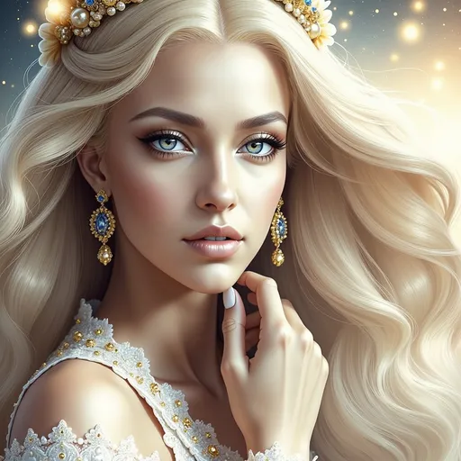 Prompt: (woman with platinum hair and blue eyes), striking facial features, (intense gaze), flowing hair illuminated by soft light, ethereal beauty, elegant pose, dreamy background, delicate colors, tranquil ambiance, (highly detailed), enchanting atmosphere, soft focus, ultra-detailed, cinematic depth, visually captivating masterpiece.