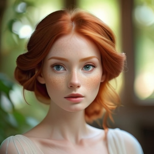 Prompt: Beautiful, elegant, serene woman with ginger hair, ethereal atmosphere, facial closeup