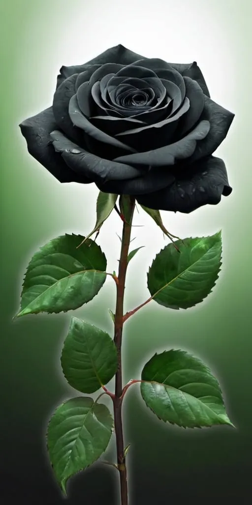 Prompt: Black rose with green leaves