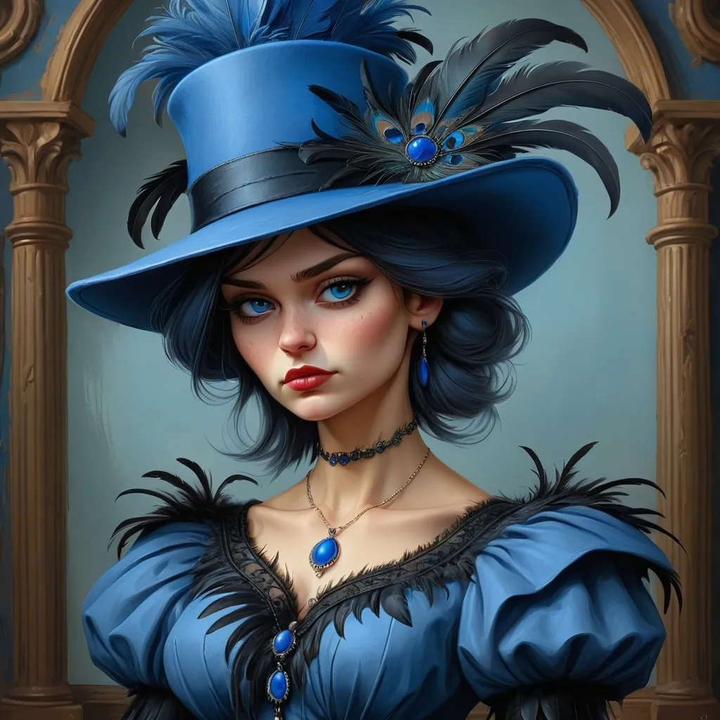 Prompt: a painting of a woman wearing a blue hat with feathersr Edwin Georgi, gothic art, highly detailed digital painting, a detailed painting