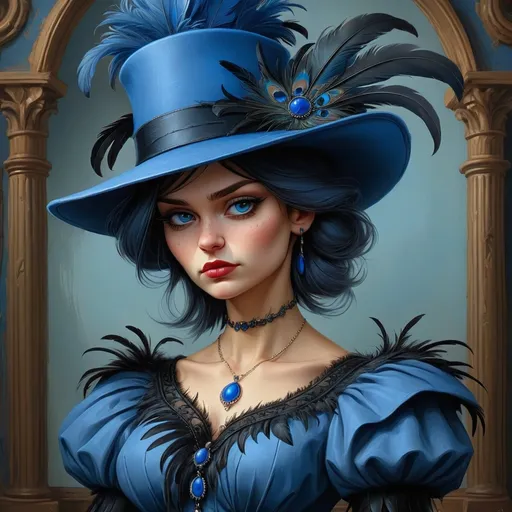 Prompt: a painting of a woman wearing a blue hat with feathersr Edwin Georgi, gothic art, highly detailed digital painting, a detailed painting