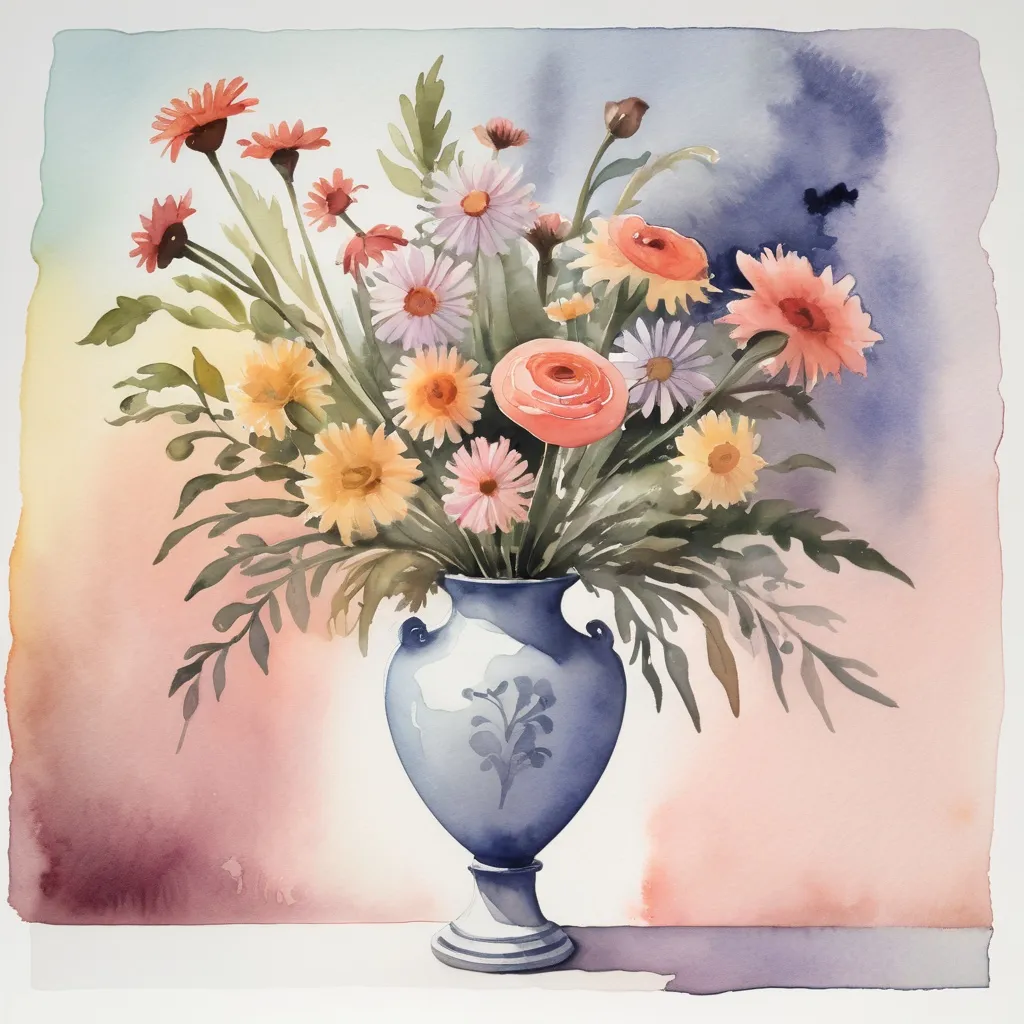 Prompt: A watercolor  painting of a vase  of flowers