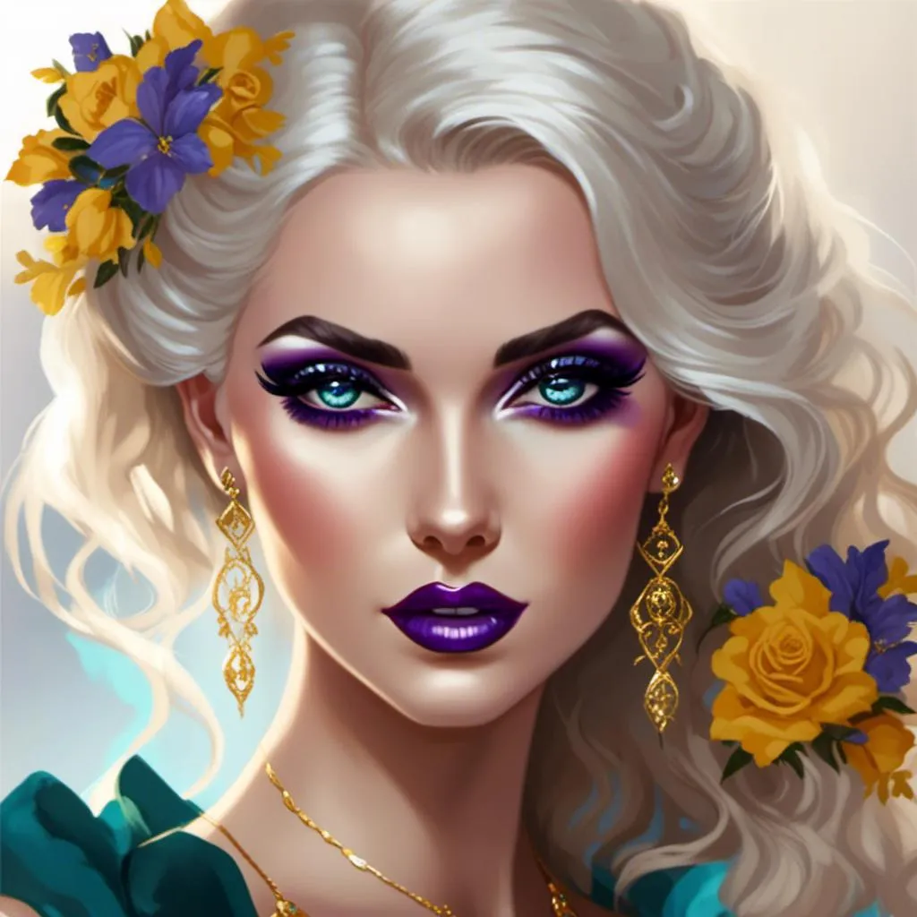 Prompt: <mymodel>Hypnotic bimbo  platinum  blonde   gold lips and purple eyeshadow 