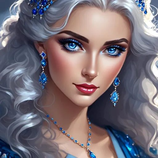 Prompt: <mymodel>A beautiful woman, white hair, blue eyes, blue eyeshadow, blue jewels on forehead