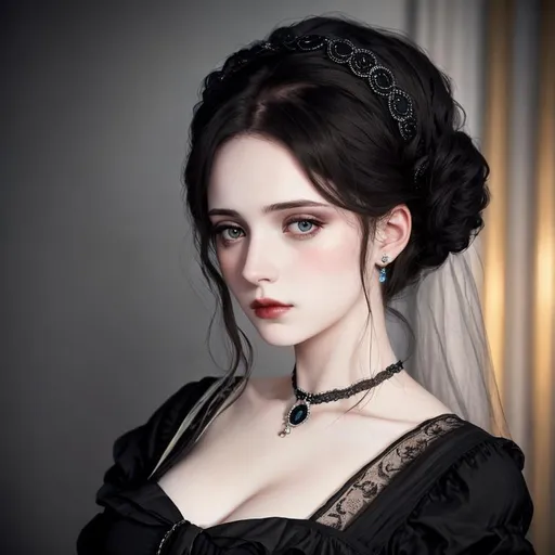 Prompt: 3rd class  female passenger on the Titanic, pale skin, dark styled hair, large lips,  looking sad, facial closeup, vibrant colors, black dress
