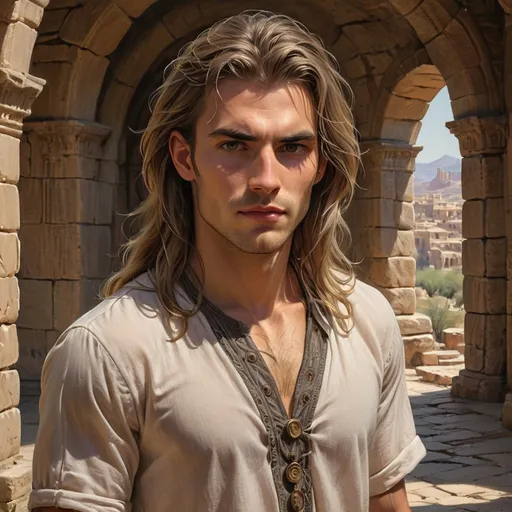 Prompt: Standing in a sunlit, ancient stone archway, a young man with long, flowing hair and a serious expression captures attention. He wears a simple, light-colored shirt with a few buttons undone, revealing a hint of a necklace that hangs loosely around his neck. The warm tones of the architecture contrast with the cool, soft landscape visible through the arches in the background, hinting at distant hills and valleys. His piercing gaze suggests a depth of character, evoking a sense of curiosity and intrigue about his story. The overall composition combines a serene atmosphere with an undercurrent of intensity, showcasing the blend of humanity and nature.