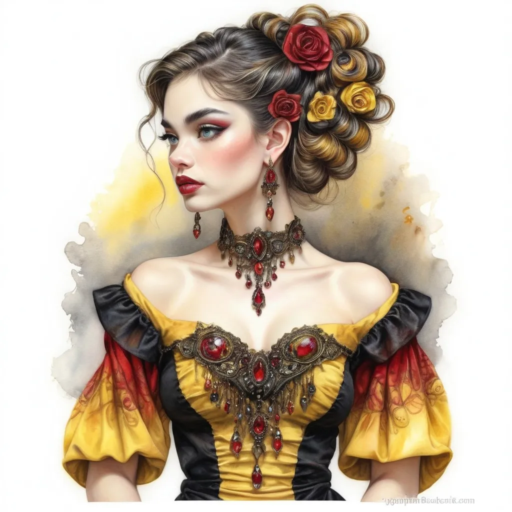 Prompt: <mymodel> beautiful woman, hair pinned up, yellow red black dress, earrings, Watercolor, trending on artstation, sharp focus, studio photo, intricate details, highly detailed, by  Josephine Wall and Jasmine Becket-Griffith