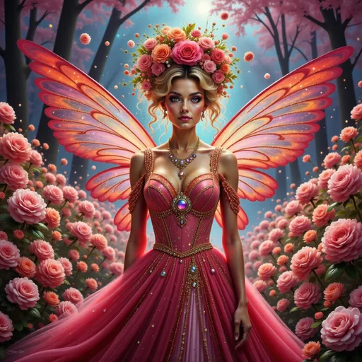 Prompt: In a whimsical forest setting, a fairy-like woman stands gracefully amidst a vibrant profusion of roses, her wings a stunning display of iridescent red adorned with delicate patterns. Her flowing gown, richly detailed and complemented by sparkling jewels, accentuates her ethereal beauty, while a crown of roses atop her elegantly coiffed hair adds to her enchanting appearance. The dreamy background features softly blurred trees, their tall silhouettes framing the scene with a mystical quality, while gentle daylight filters through, casting a warm glow over the entire tableau. The overall atmosphere conveys a sense of magic and femininity, inviting viewers into a realm where beauty and nature intertwine harmoniously.