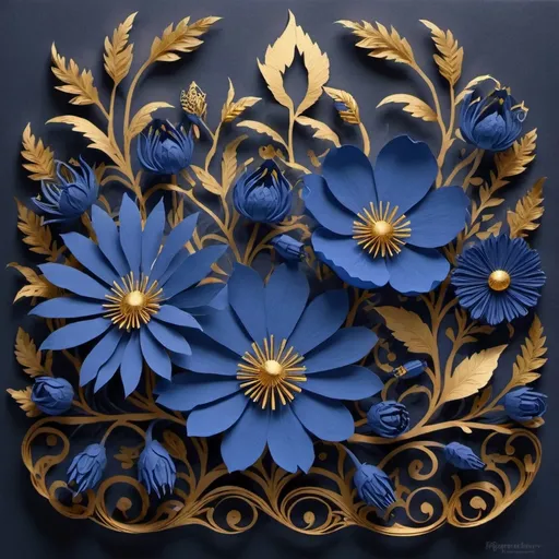 Prompt: blue flowers with gold