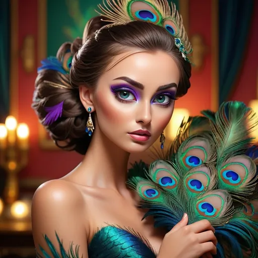 Prompt: Gorgeous woman with beautiful makeup and hair, peacock feathers, high-quality, detailed, realistic, elegant, vibrant colors, professional makeup, glamorous lighting, 4k resolution, portrait, detailed facial features, luxurious, exotic, peacock feathers, elegant hairstyle, stunning makeup, beauty shot