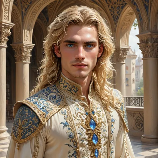 Prompt: In an elegant setting characterized by ornate arches and soft, natural lighting, a striking young man stands, commanding attention with his piercing blue eyes and flowing, wavy blonde hair. Dressed in a rich, cream-colored garment adorned with intricate blue and gold embroidery, he exudes an air of regality and mystery. The subtle sheen of his attire contrasts beautifully with the warm tones of the surrounding architecture, creating a harmonious and inviting atmosphere. His serious expression seems to hint at a deeper story, inviting viewers to ponder the narrative that surrounds this captivating figure, set against a backdrop that suggests both historical splendor and serene tranquility.