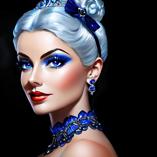 Prompt: Glamorously dressed lady of rhe 1930's wearing sapphire jewelry,blue eyes