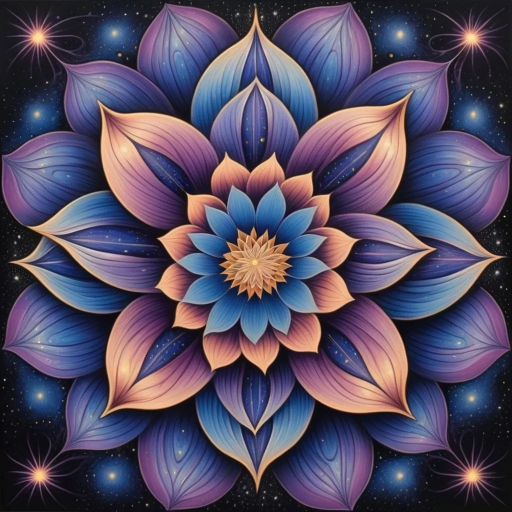 Prompt: a painting of a flower with a blue center and purple petals on it, surrounded by stars and a black background, Amanda Sage, psychedelic art, sacred geometry, a detailed painting