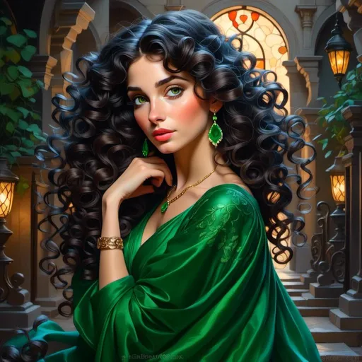 Prompt: <mymodel>Detailed illustration of a woman in vibrant green attire, large vivid green eyes, elegant makeup, digital painting, high resolution, realistic style, vibrant green, professional lighting